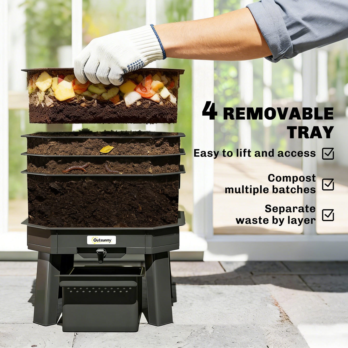 4-Tray Worm Composter Bin - 7.4 Gal Indoor & Outdoor Recycling Garden Tool