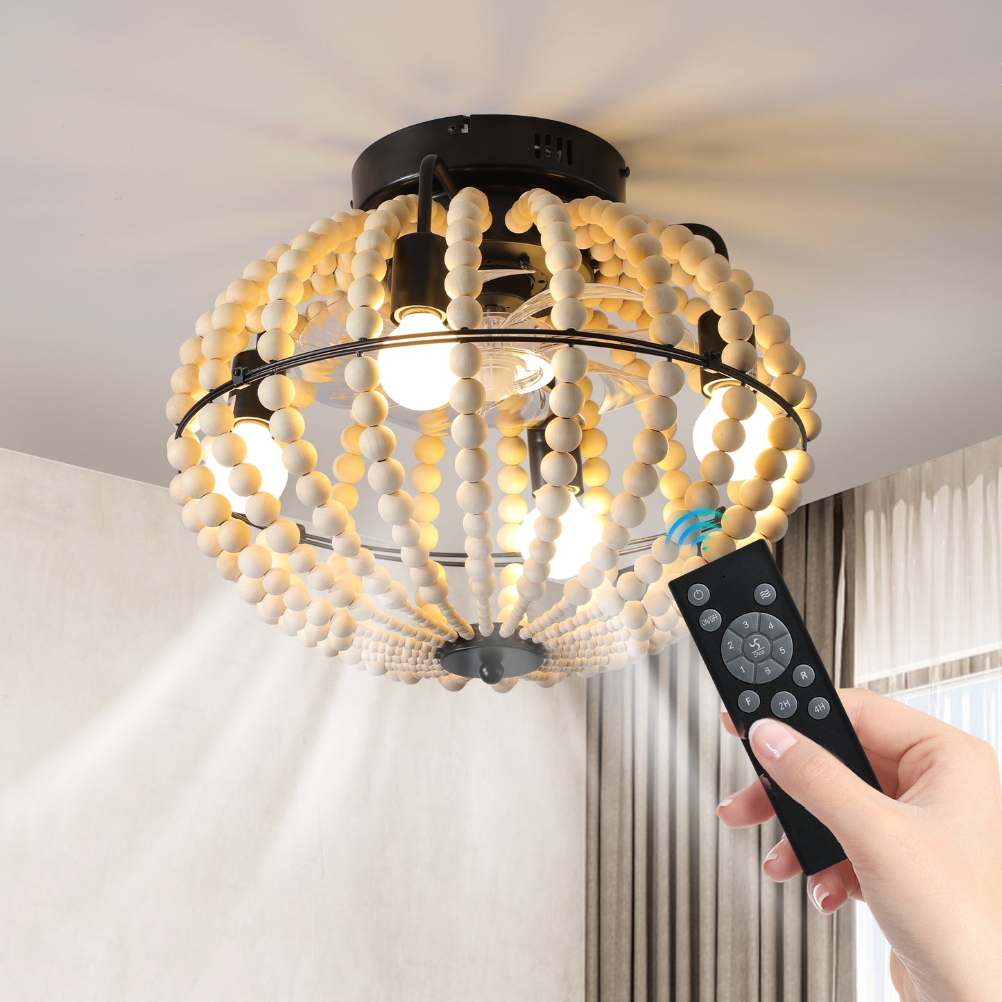Bohemian Wood Beaded Ceiling Fan with Light - Rustic Chandelier