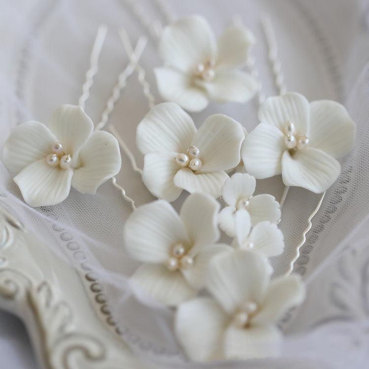 White Ceramic Flower Hair Fork - Handmade