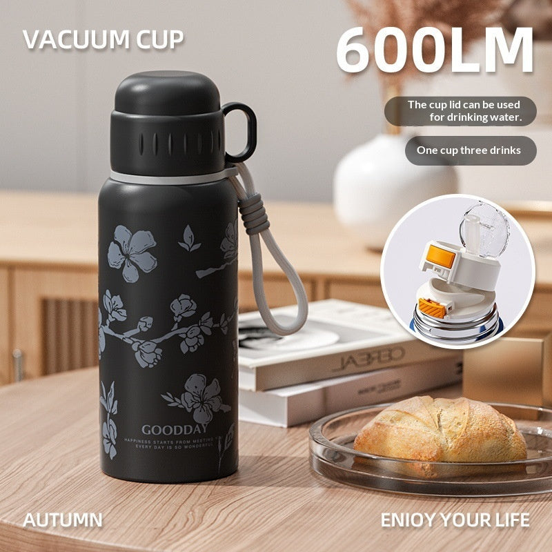 Insulated Stainless Steel Travel Mug 600ml with Carrying Strap & Straw