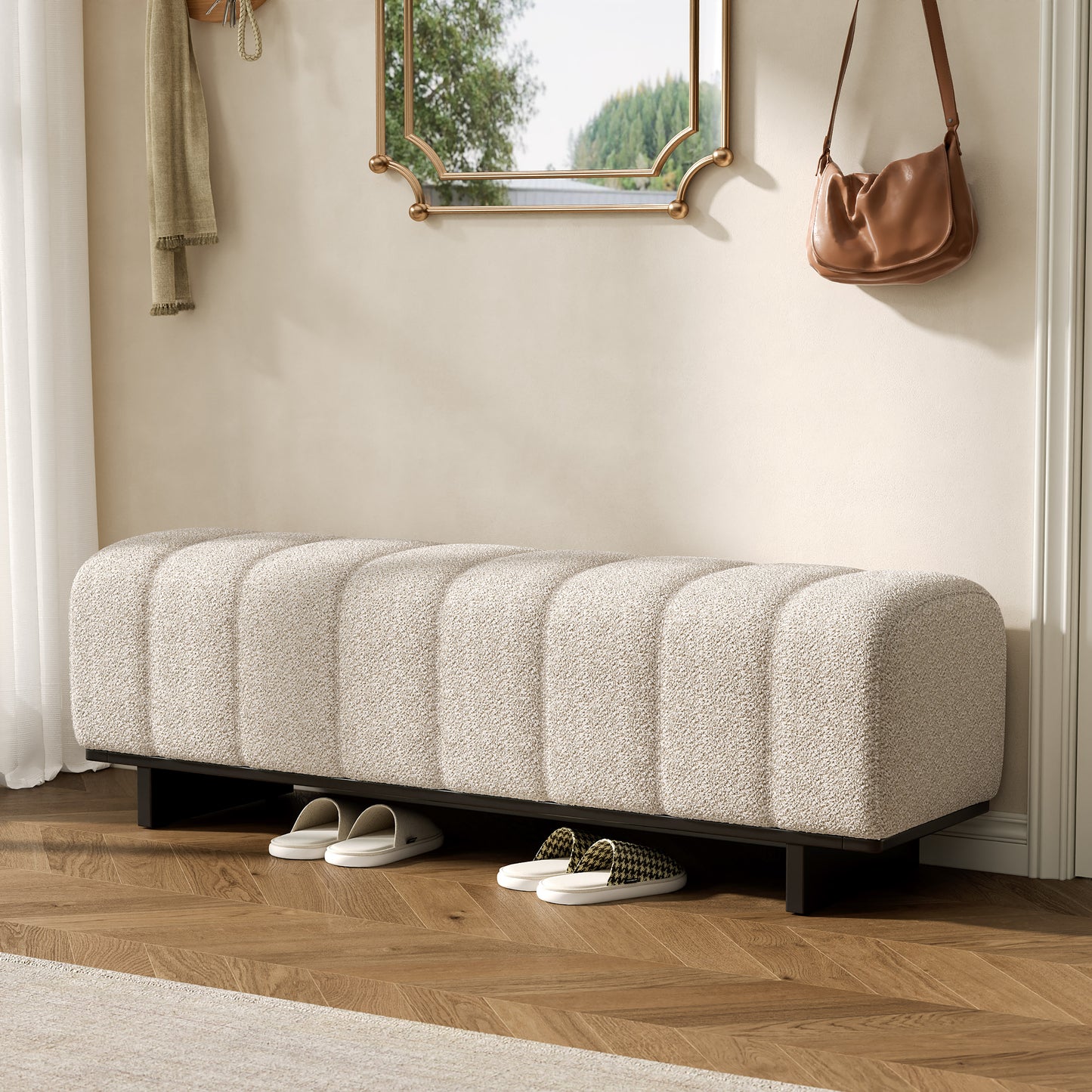 Beige Faux Fur Dining Bench with Rubber Wood Legs - 63.62"