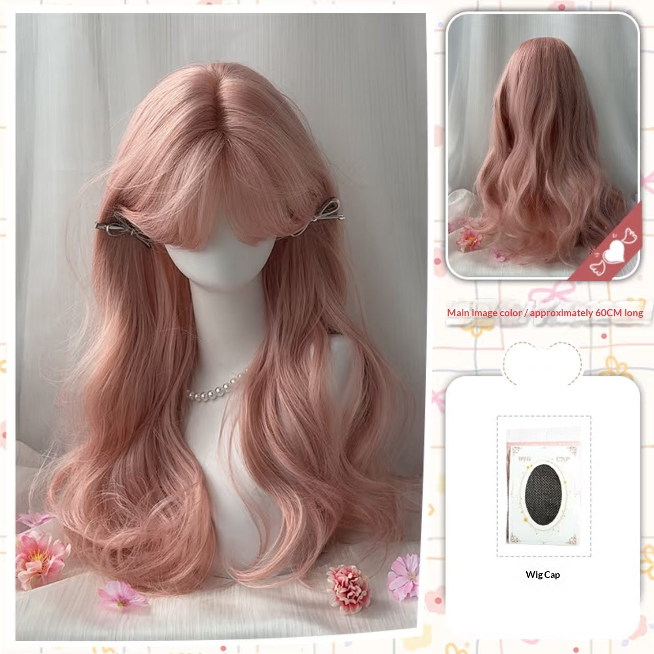 Women's Pink Gold Long Wavy Curly Wig with Wispy Bangs and Big Waves