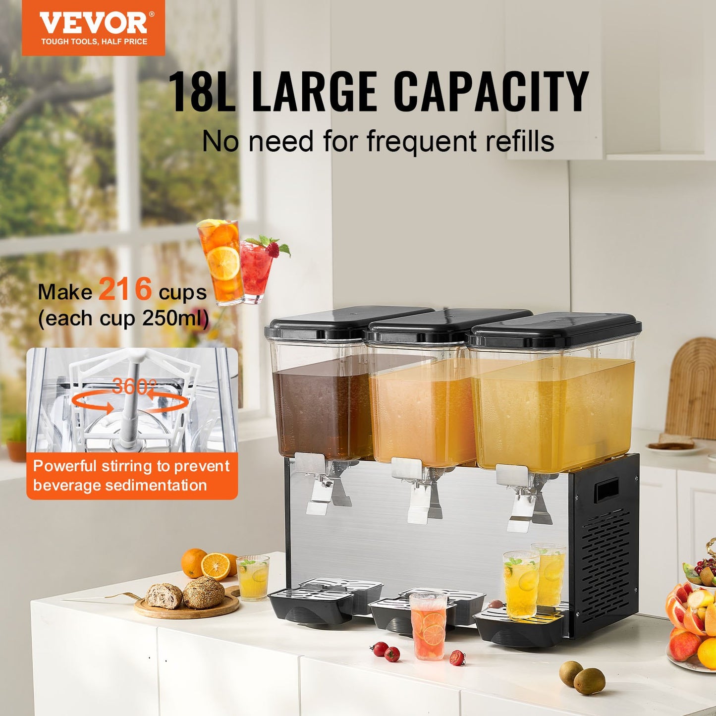 Commercial Beverage Dispenser 18L Triple Tank Cold Juice Ice Drink Dispenser - Silver