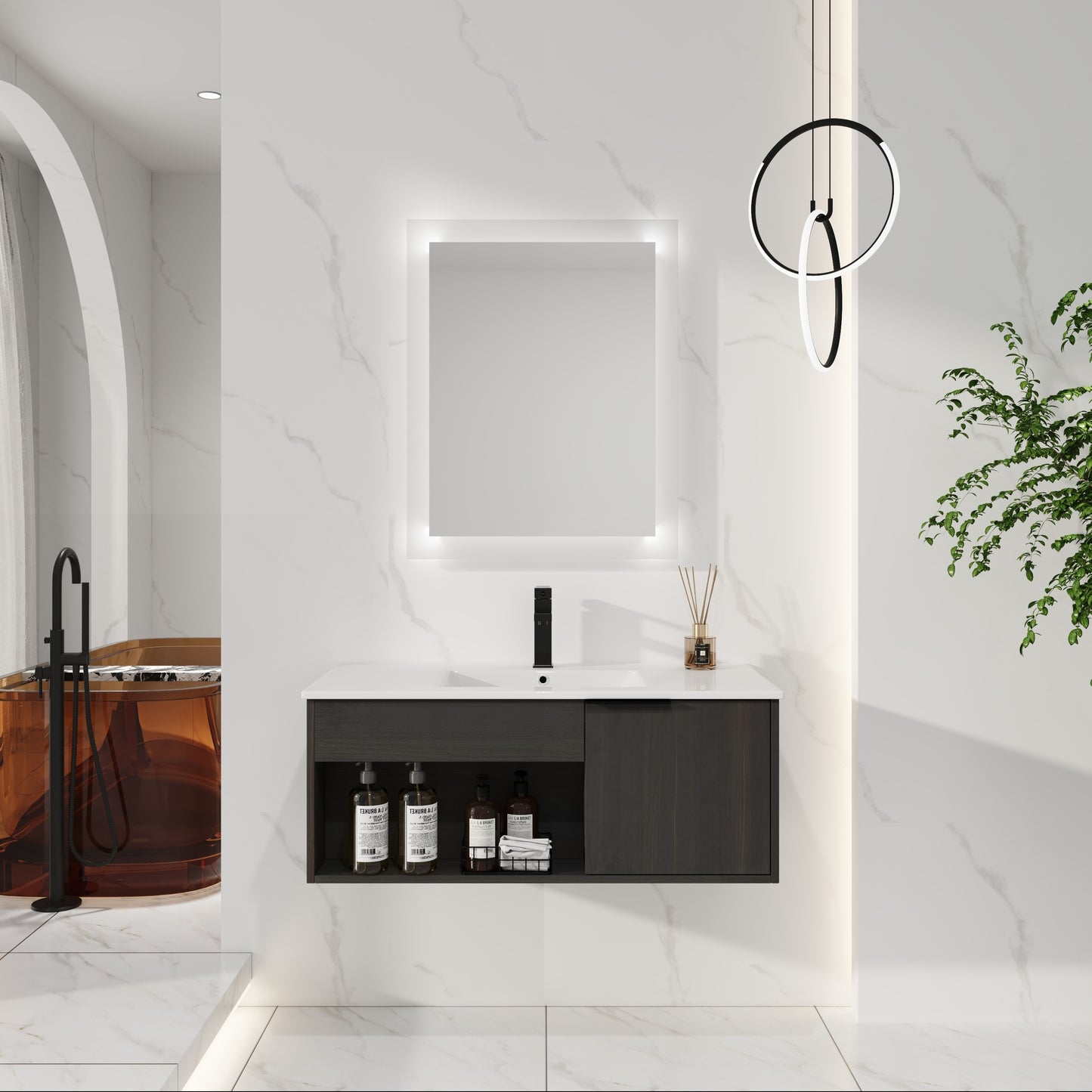 36" Wall-Mounted Bathroom Vanity with Ceramic Sink - Dark Oak