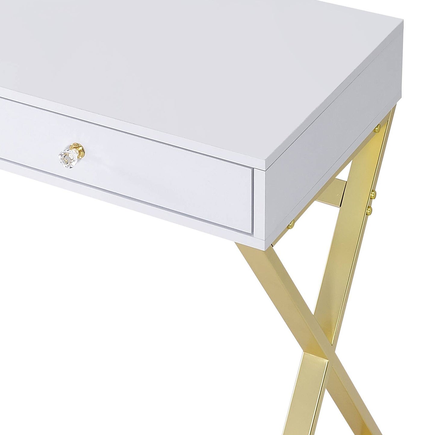 Gloss White & Gold Vanity Desk with Mirror & Jewelry Tray