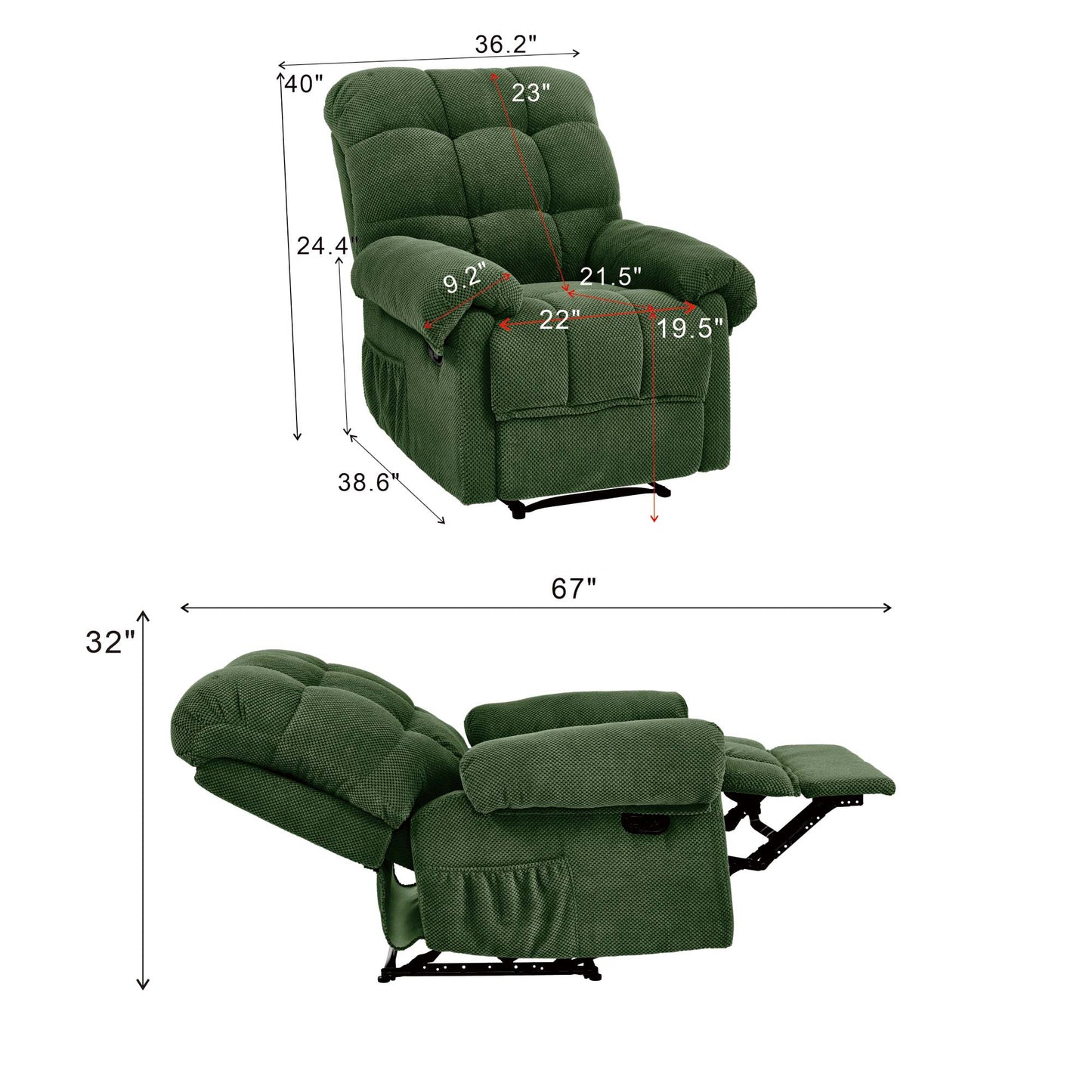 Overstuffed Ergonomic Recliner Chair - Army Green Fabric
