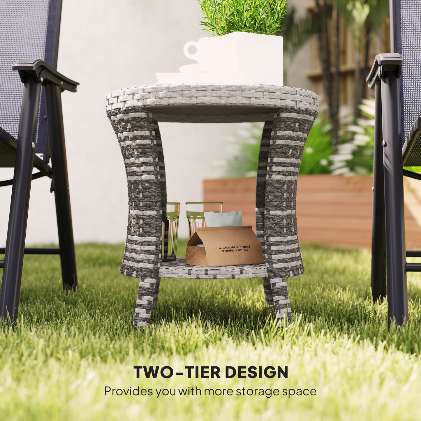 18" Outdoor Coffee Table - Wicker Patio Side Table with 2-Tier Storage, Mixed Gray