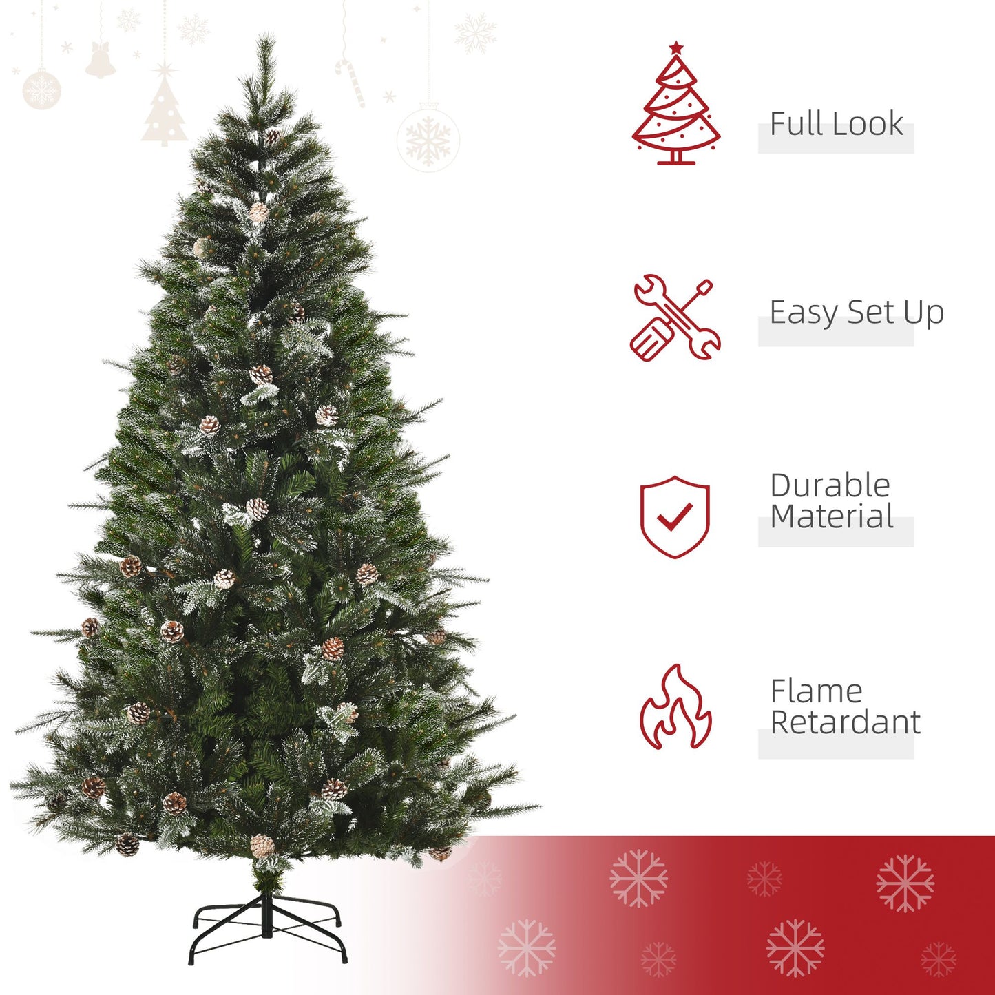 7FT Artificial Christmas Snow Pine Tree with Pinecones - Green