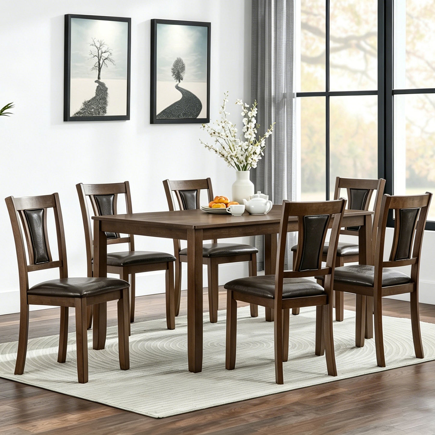 Modern 7-Piece Dining Table Set with 6 Upholstered Chairs - Walnut