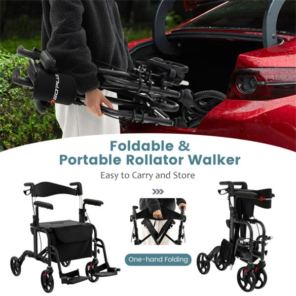 2-in-1 Rollator Walker and Wheelchair - 300lbs Capacity, Adjustable Handles, Black