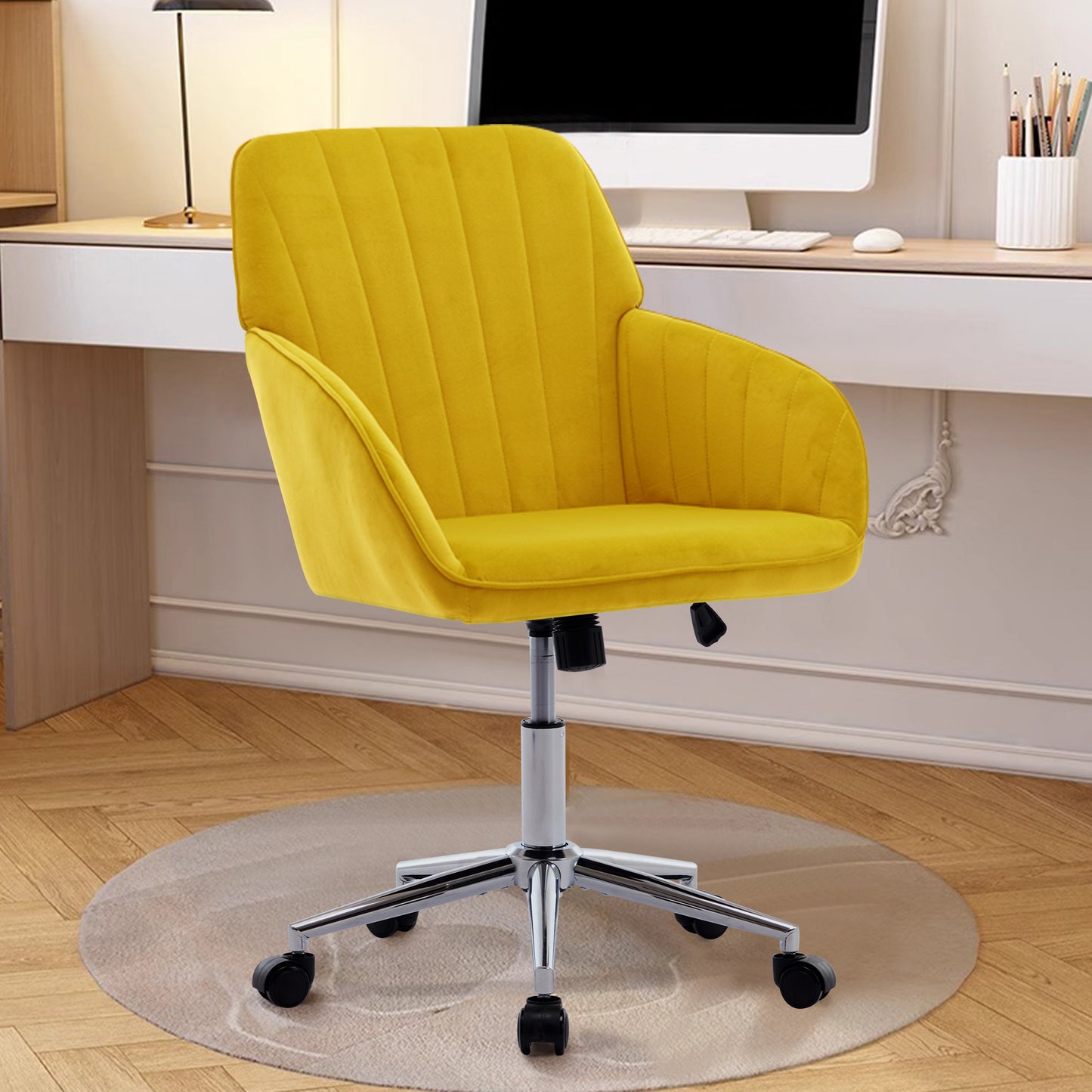 Bright Yellow Velvet Office Chair with Gold Base