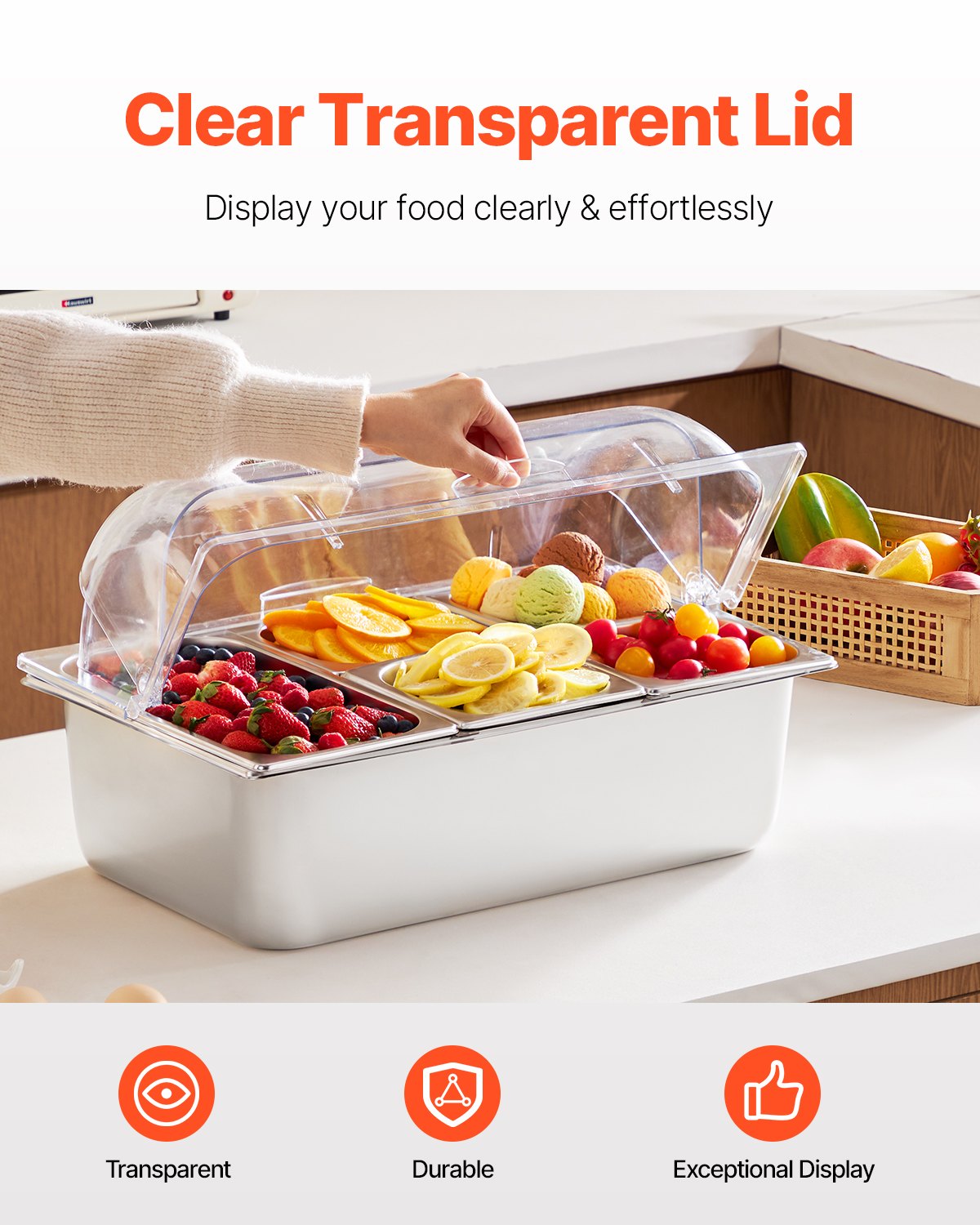 5-Pan Condiment Dispenser with Lid - Stainless Steel Display Container