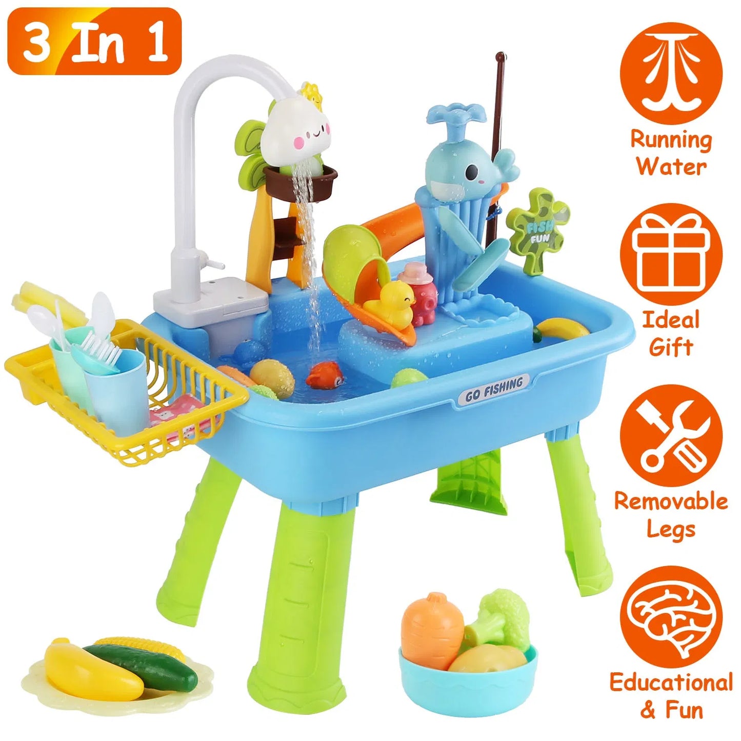 3-in-1 Kids Water Table with Electric Faucet & Fishing Game