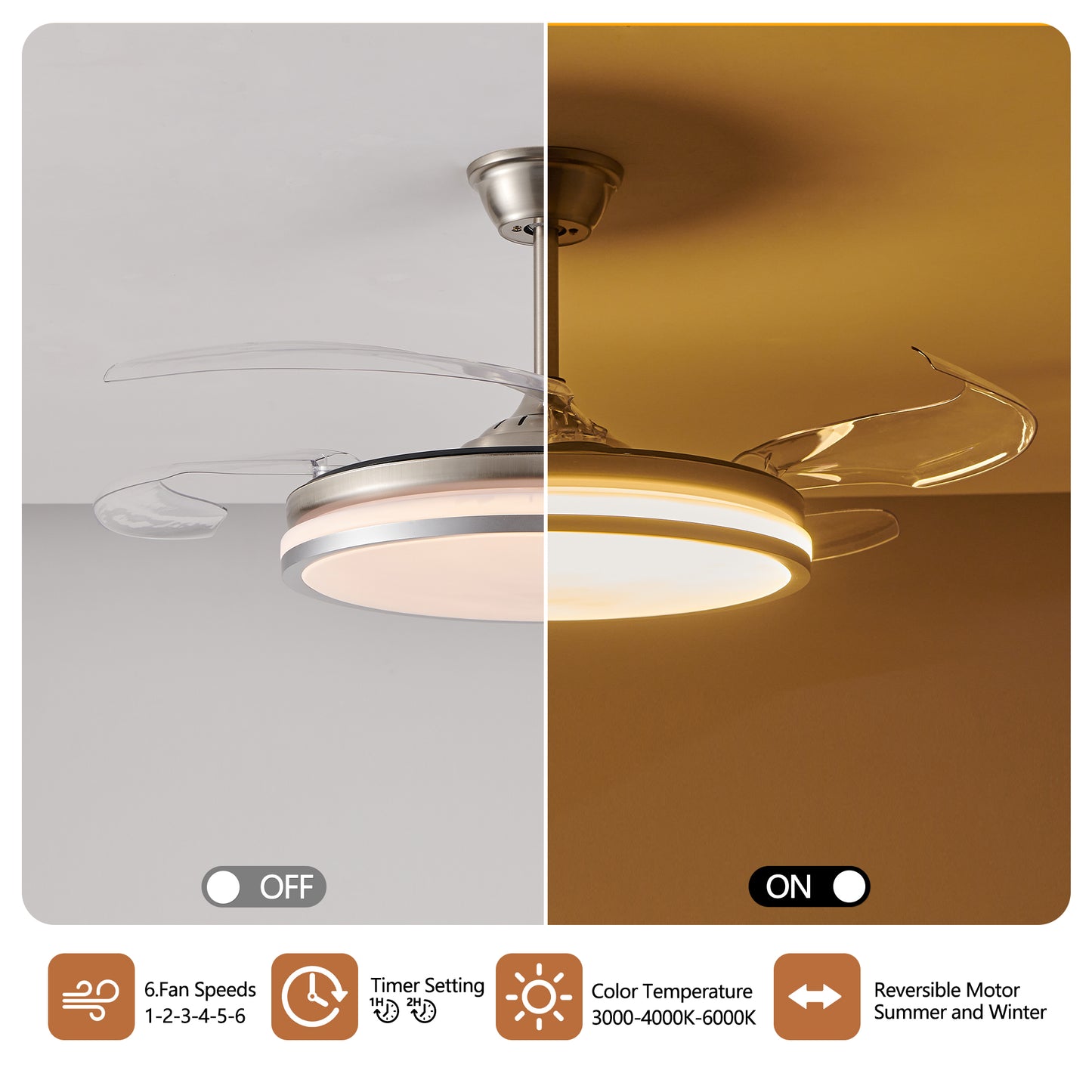 42 Inch Modern LED Ceiling Fan with Light & Remote Control - 6 Speed