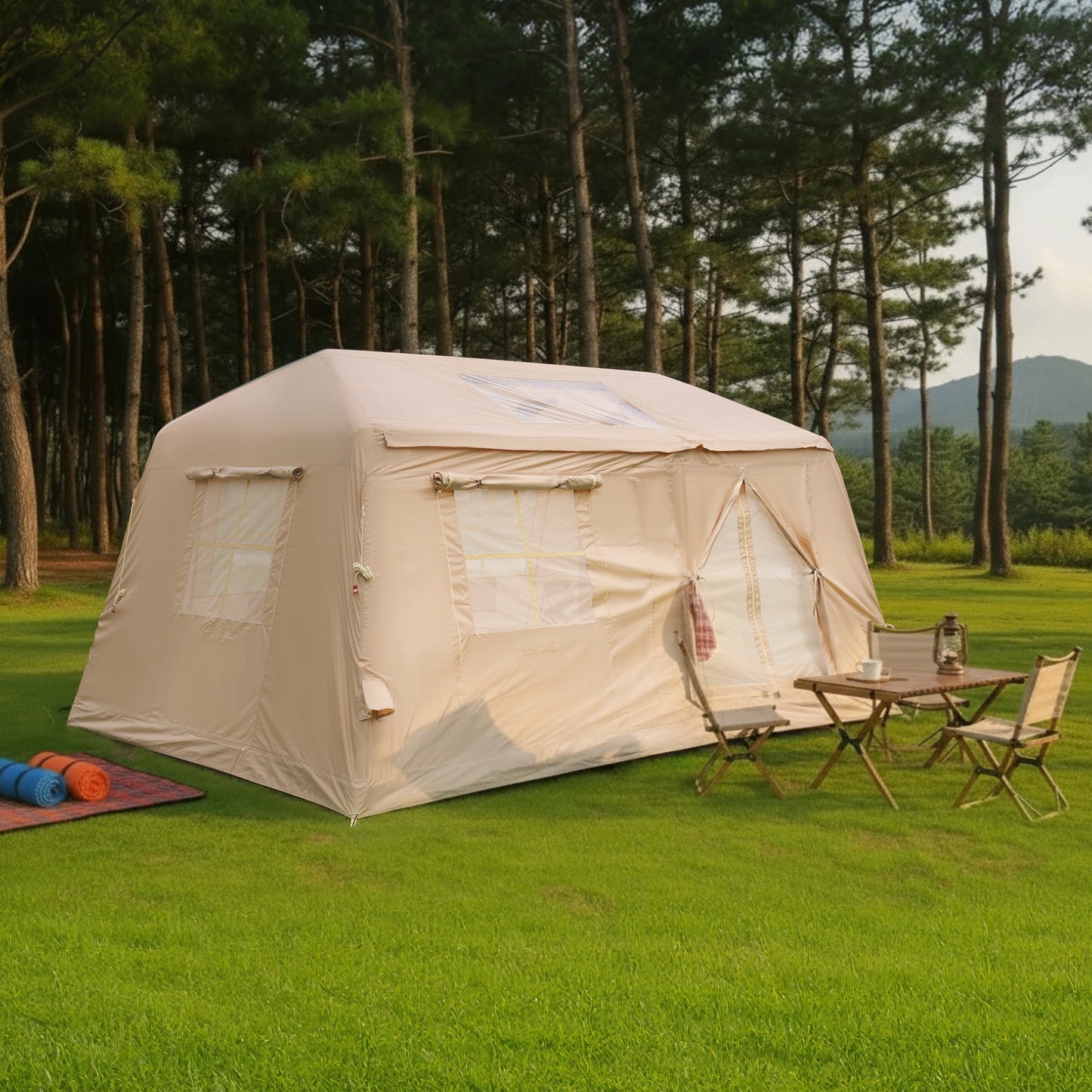 Beige Inflatable Tent for Camping - 2-Room Waterproof Glamping Tent