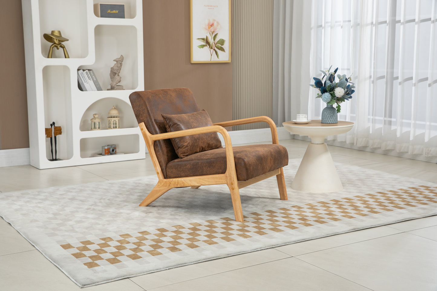 Mid Century Modern Accent Chair - Upholstered Wood Frame, Antique Brown