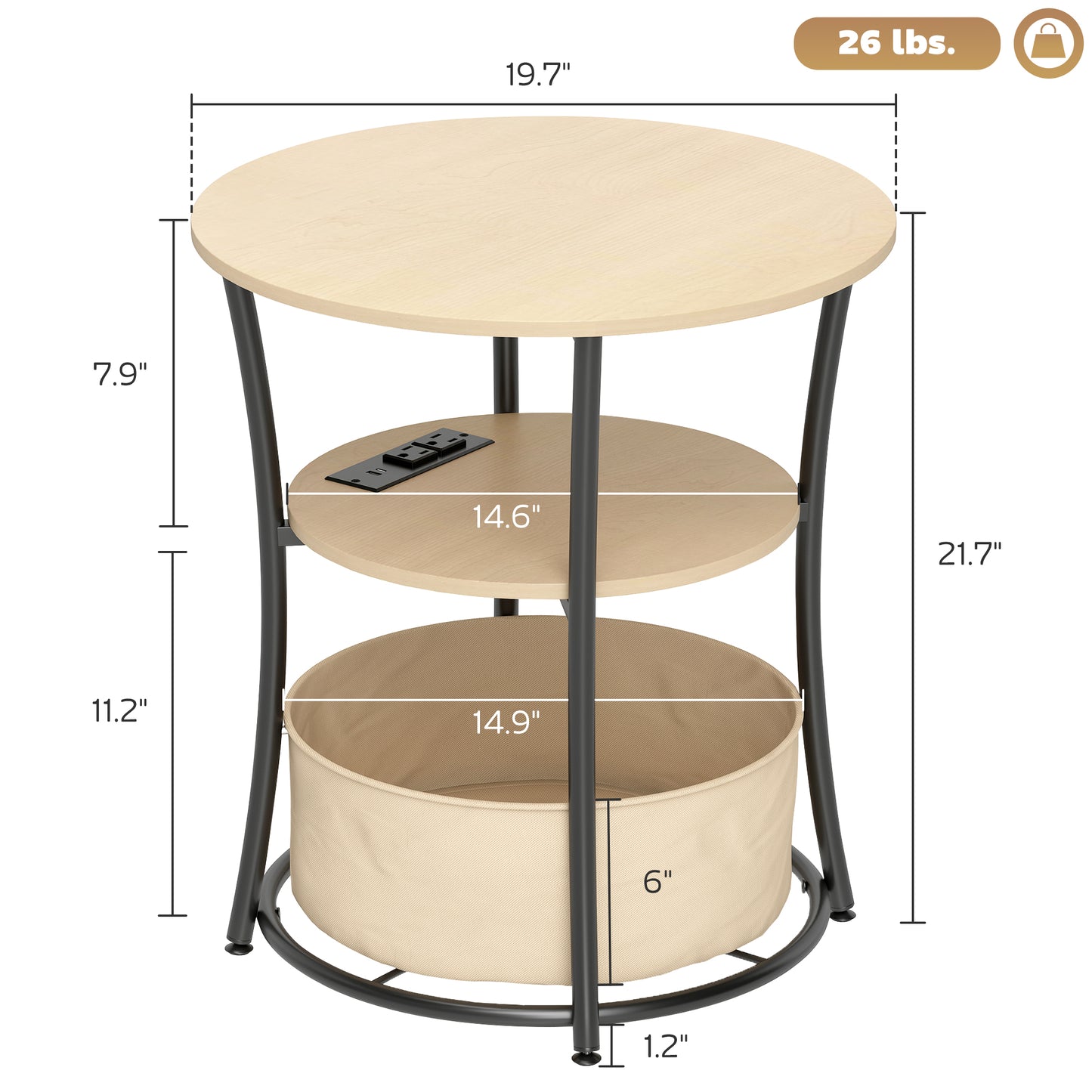 Round End Table with Charging Station & Fabric Storage Bag - Natural Wood