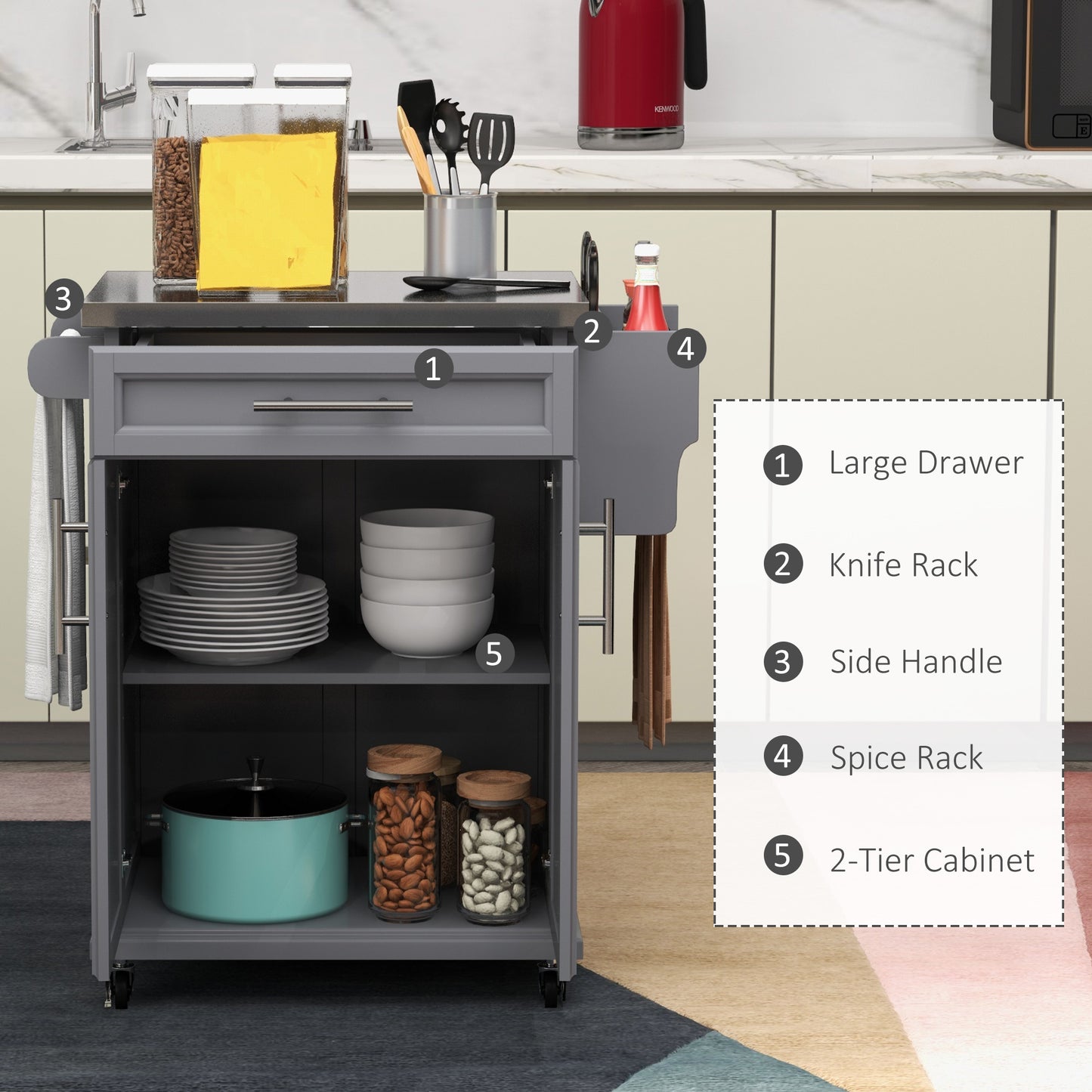Kitchen Island on Wheels, Rolling Cart with Stainless Steel