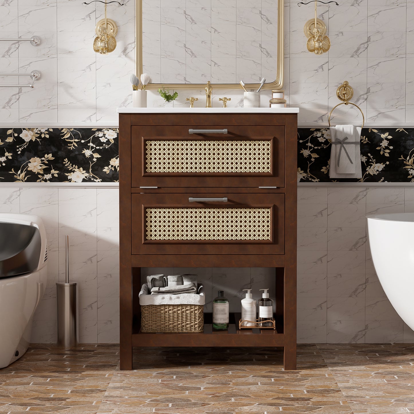 24" Bathroom Vanity with Integrated Ceramic Sink - Dark Brown