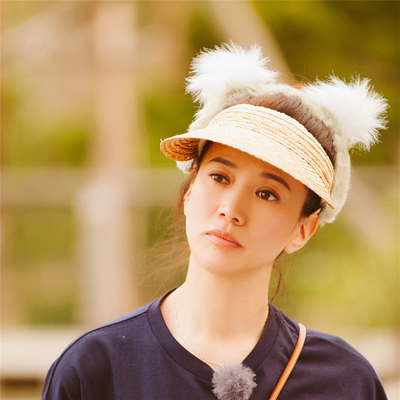 Ladies Summer Woven Raffia Straw Sun Visor Hat - Adjustable Wide Brim