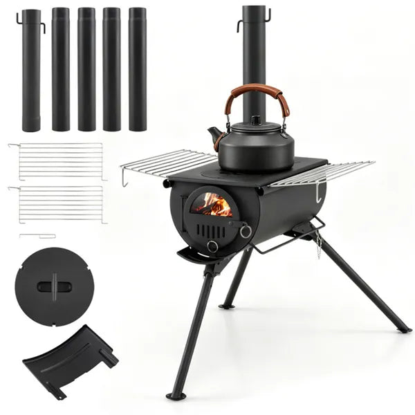 Portable Wood Burning Camping Stove with Chimney & Cooking Racks