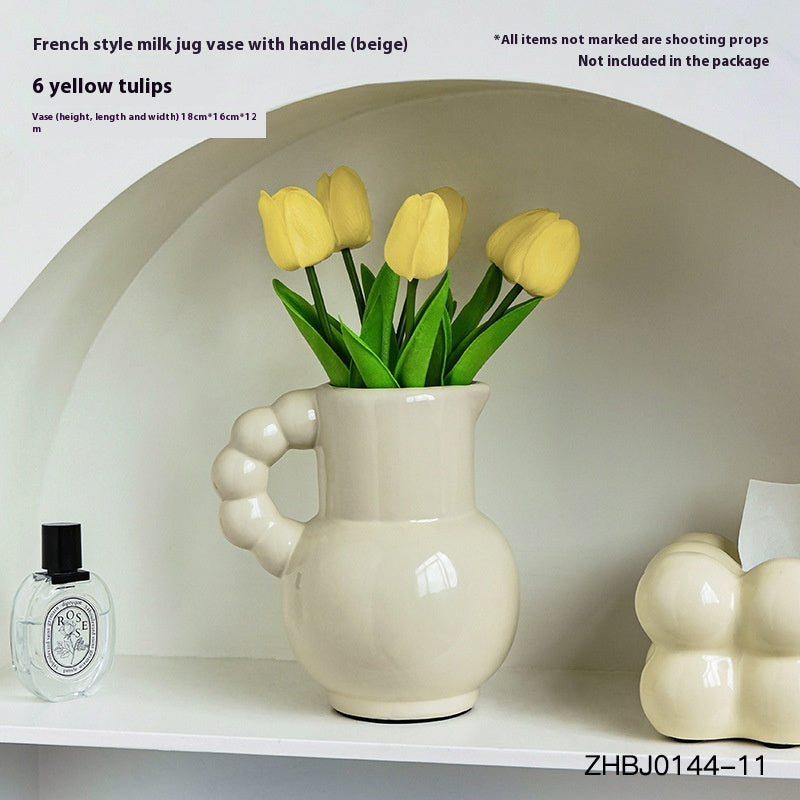 French Ceramic Vase Set - Cream, Black, and Beige Decorative Flowers & Tulips