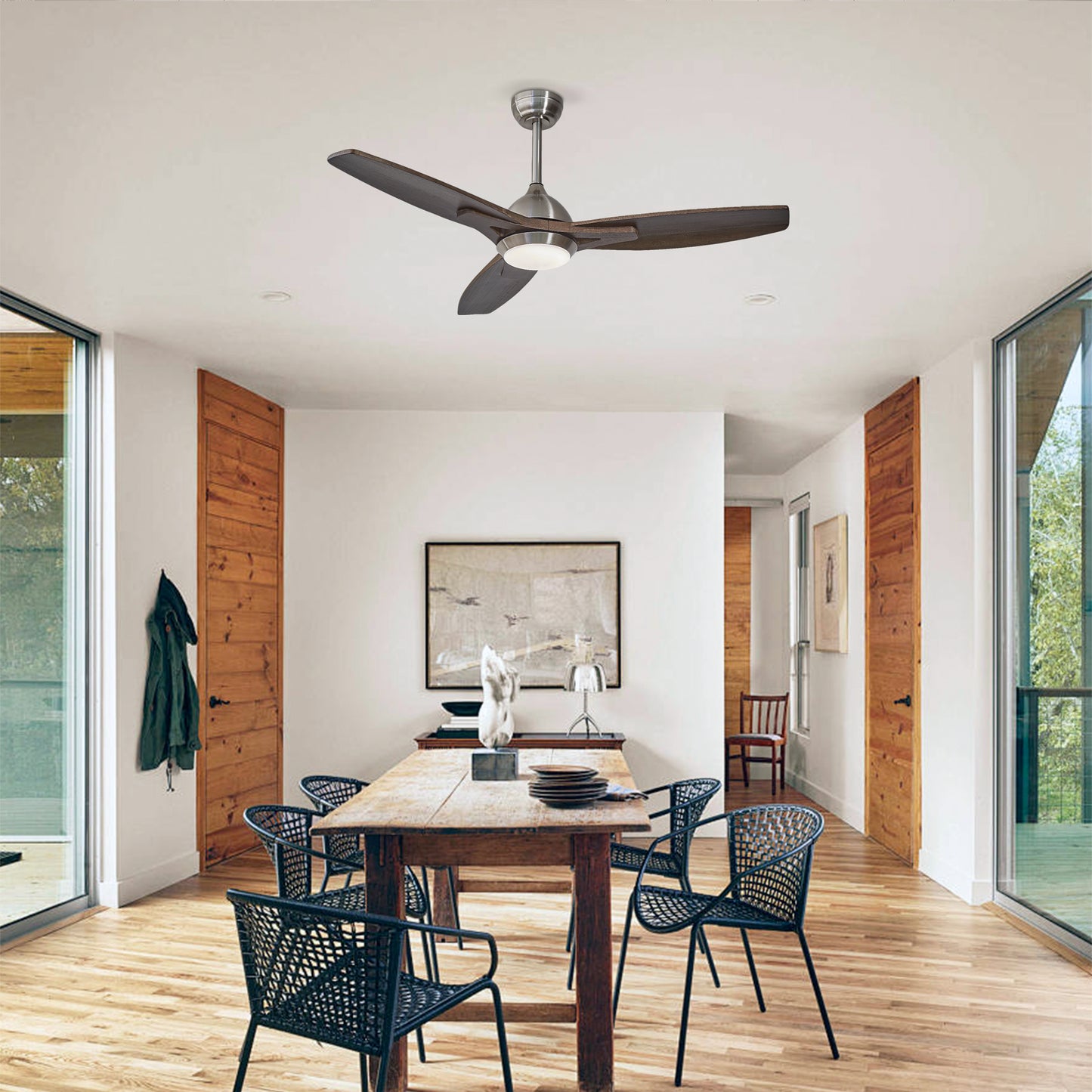52-Inch Ceiling Fan with Lights, Quiet DC Motor, Reversible - Nickel Wood