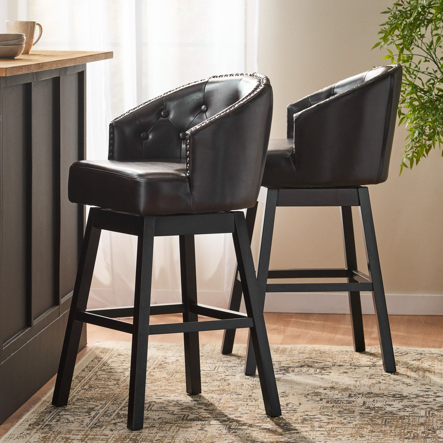 360-Degree Swivel Bar Stools with Nailhead Trim - Set of 2, Brown