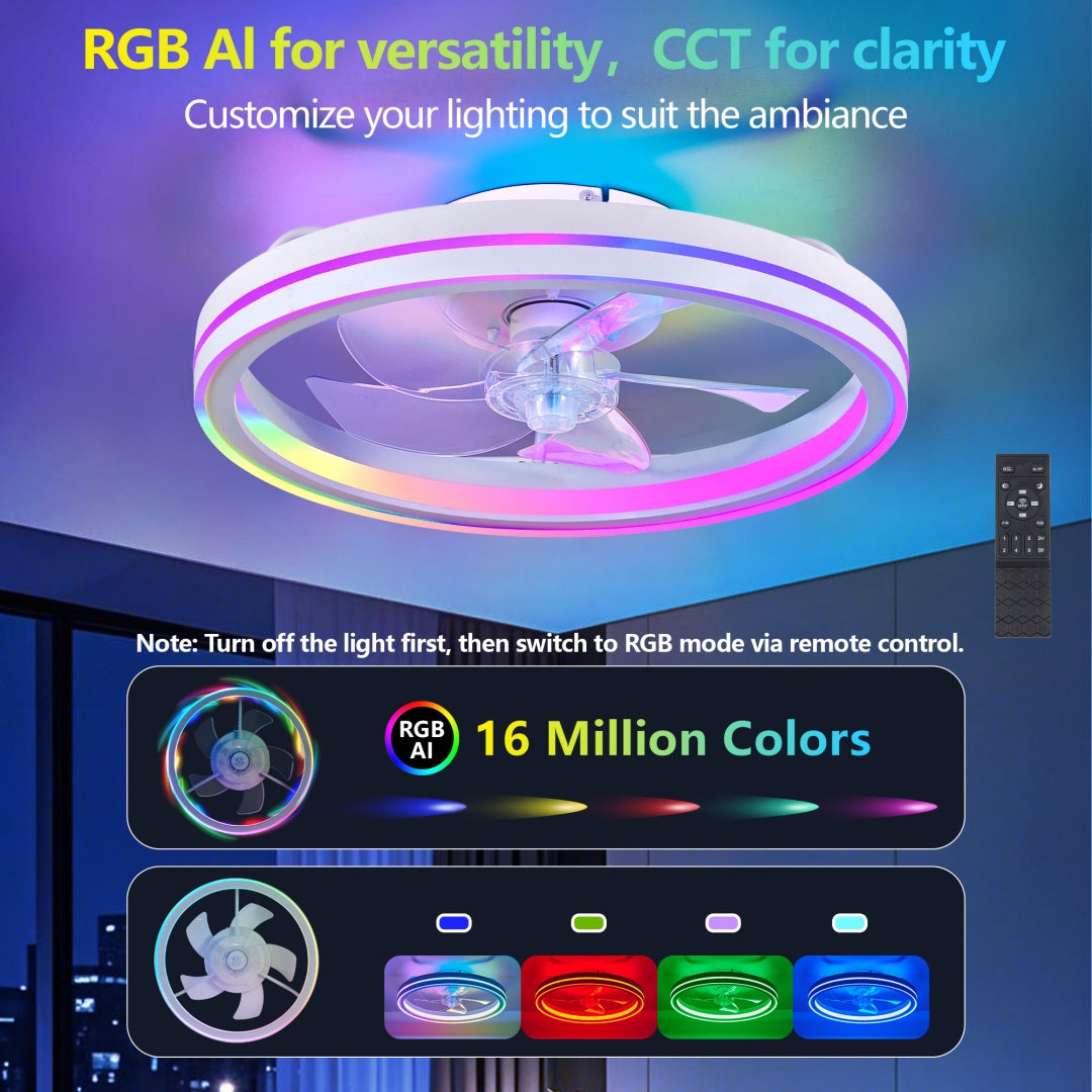 19in RGB Ceiling Fan with Lights Remote App Control Modern Low Profile Flush Mount
