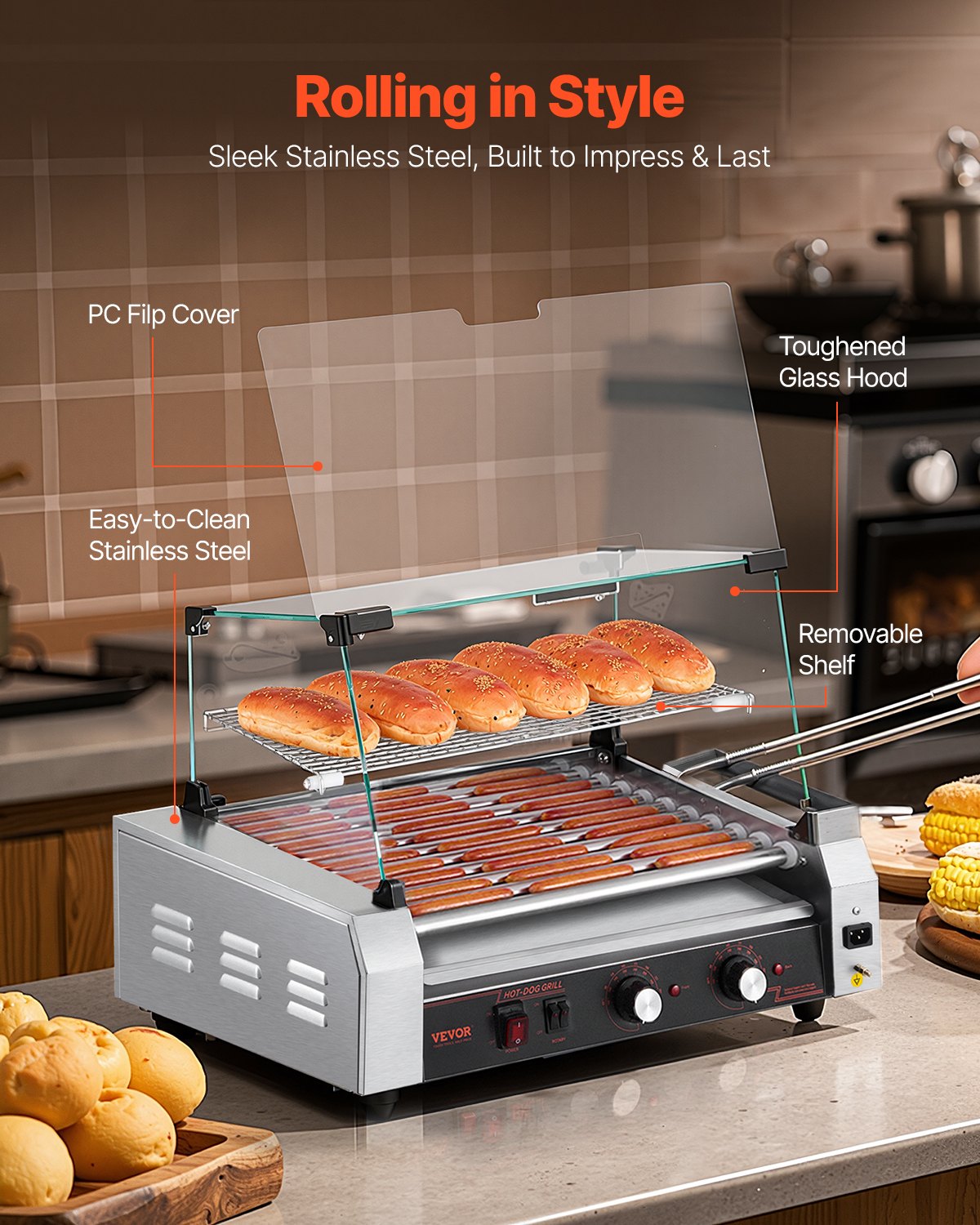 Electric Hot Dog Roller Grill 30 Hot Dog Capacity Commercial Stainless Steel Cooker