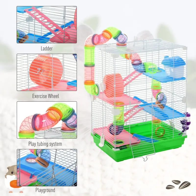 5-Tier Hamster Cage with Exercise Wheels & Tunnels - Portable Animal Habitat