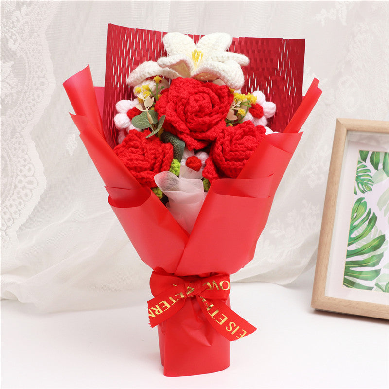 Crochet Flower Bouquet Red Roses & White Lilies Handmade Home Decor Gift