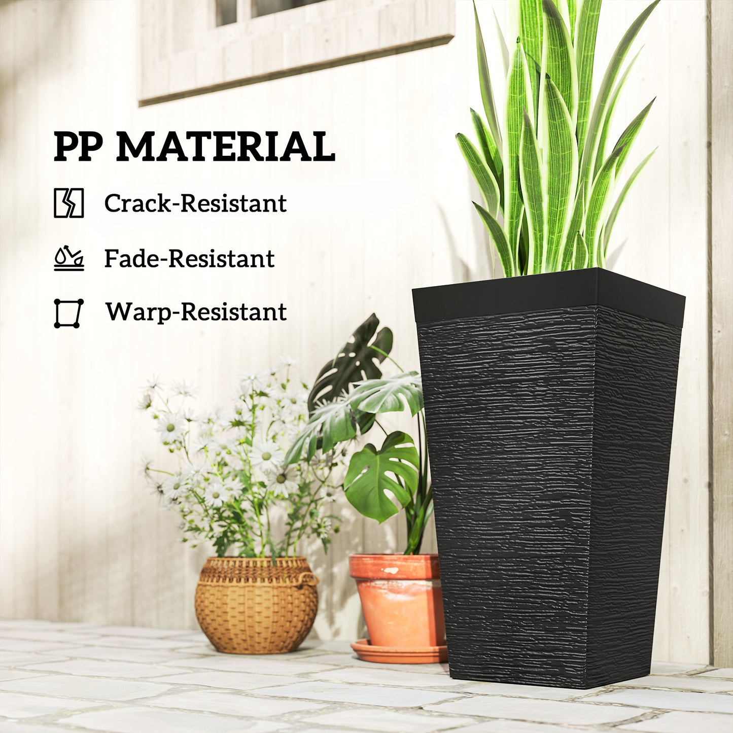 Set of 3 Outdoor Planting Pots with Wheels and Stone Finish - Stackable 22.8 Inch Black Garden Planters