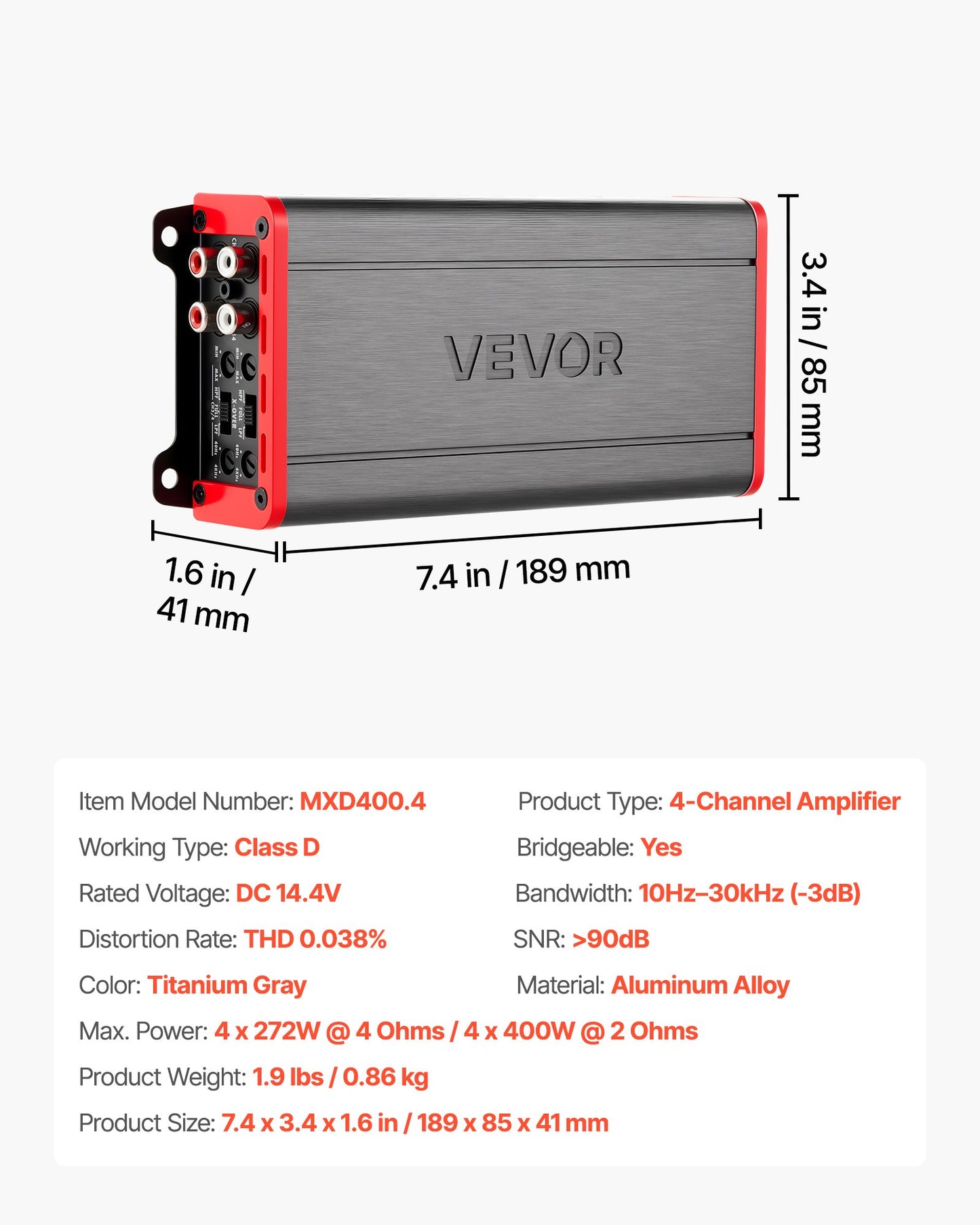 4 Channel Car Audio Amplifier - 2 Ohm Stable Full Range Amp 272W/400W Bridgeable