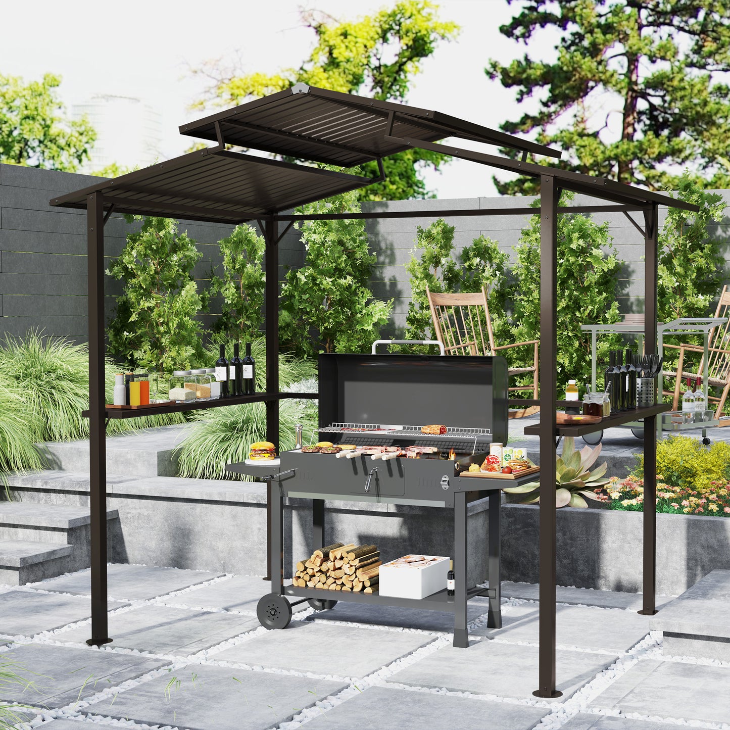 8x5ft Hardtop Grill Gazebo with Double Metal Roof & Cup Holders