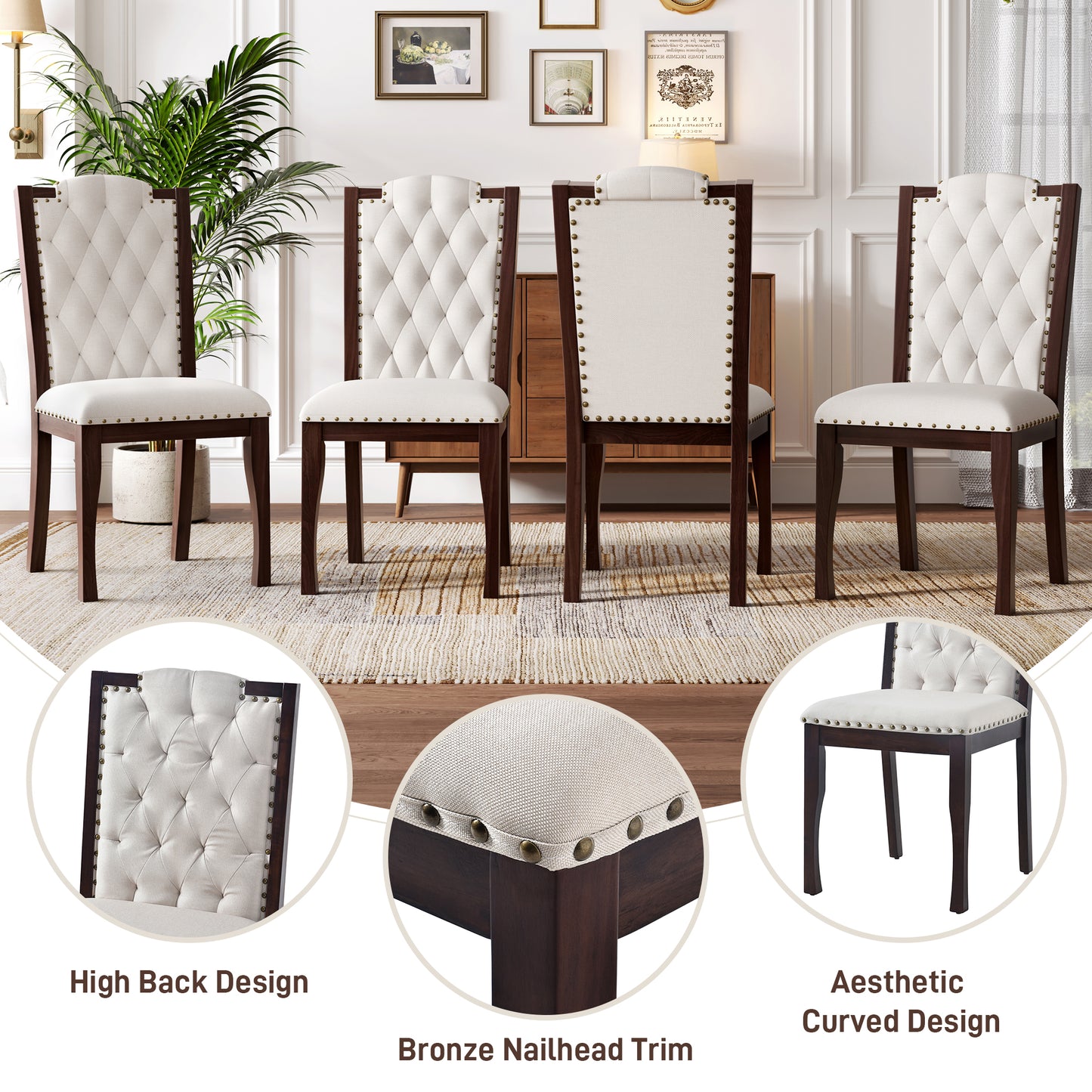 Upholstered Dining Chairs Set Of 4, High Back Diamond Button Tufted