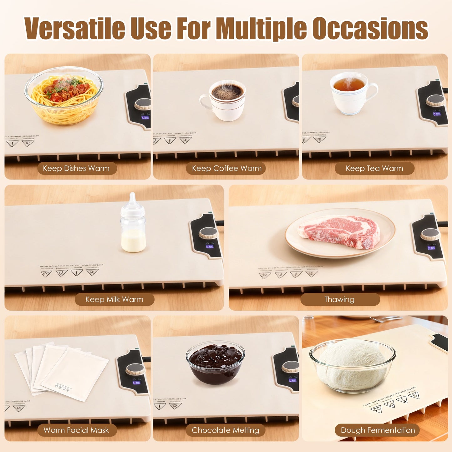 Portable Food Warming Mat 23.6x15.8in 300W Electric Silicone Food Warmer with 14 Temperature Levels & 10H Timer - Beige