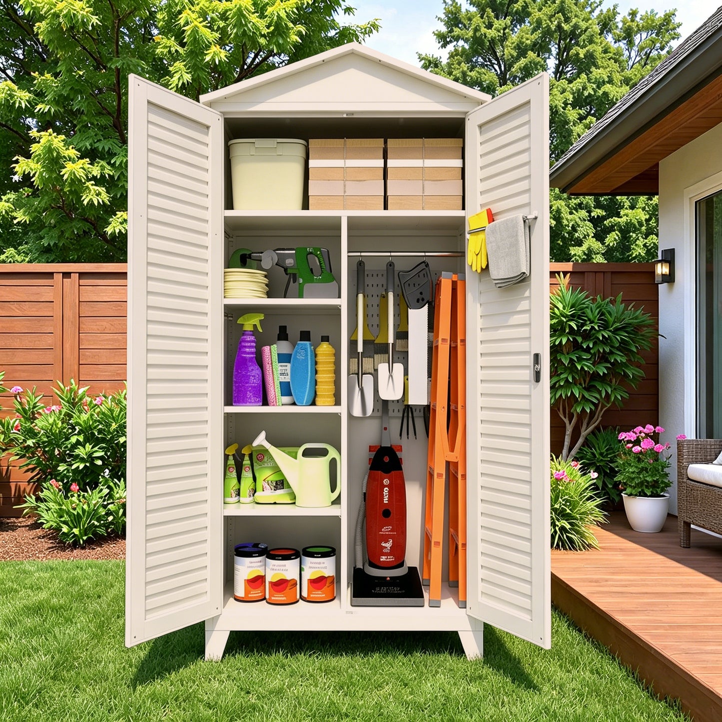 79-Inch Tall Metal Tool Storage Cabinet - Beige Steel Organizer