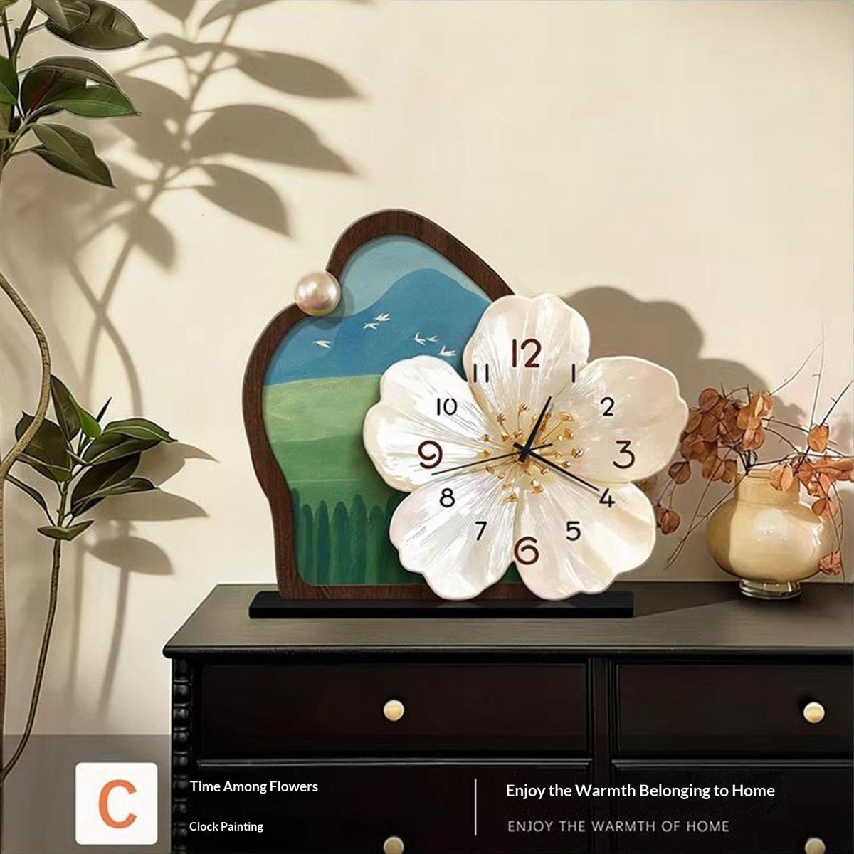 Medieval-Style Desktop Clock Painting - Botanical Flowers Art Frame-Free