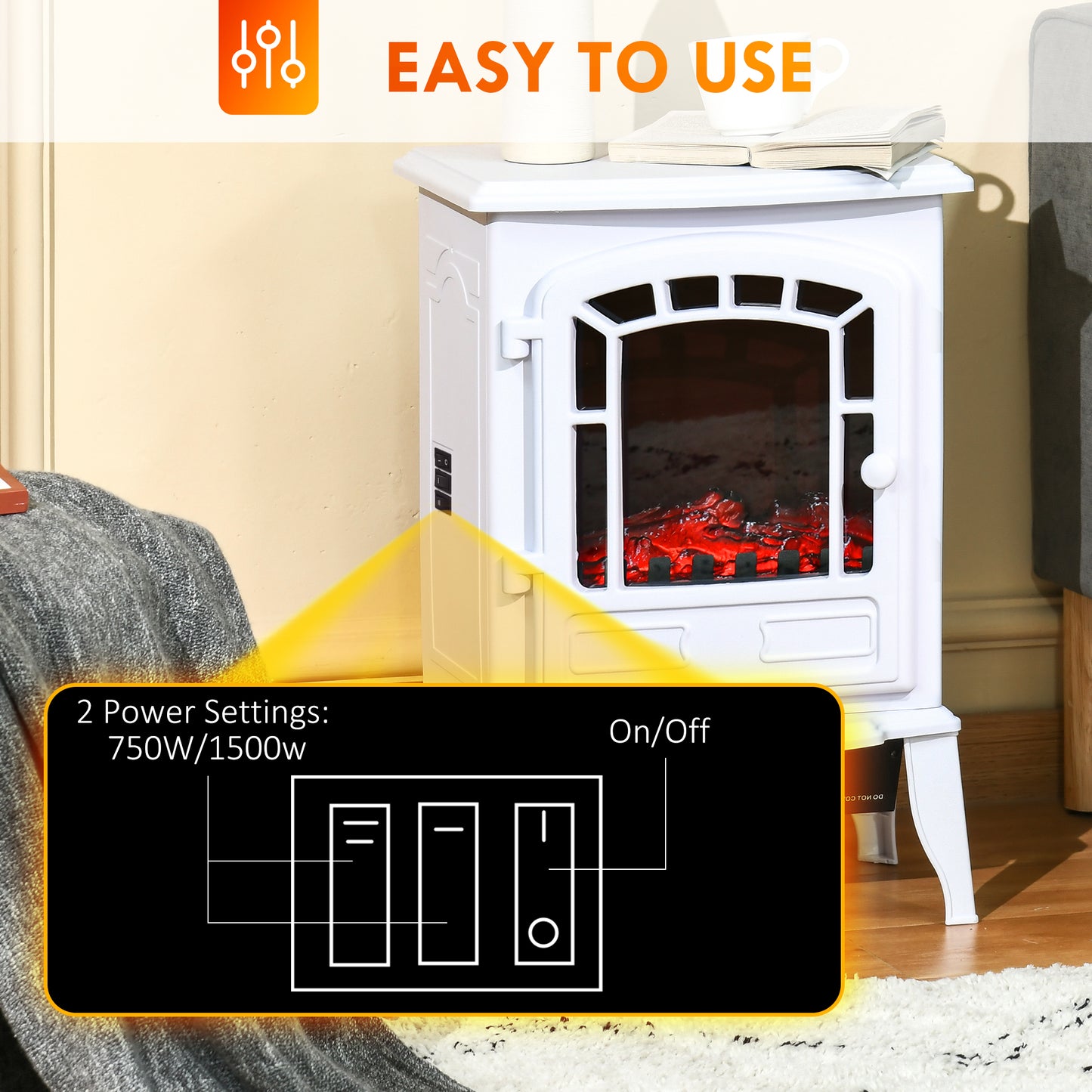 Electric Fireplace Heater with Adjustable Modes and Flame Effect - White, 430x310x550 mm