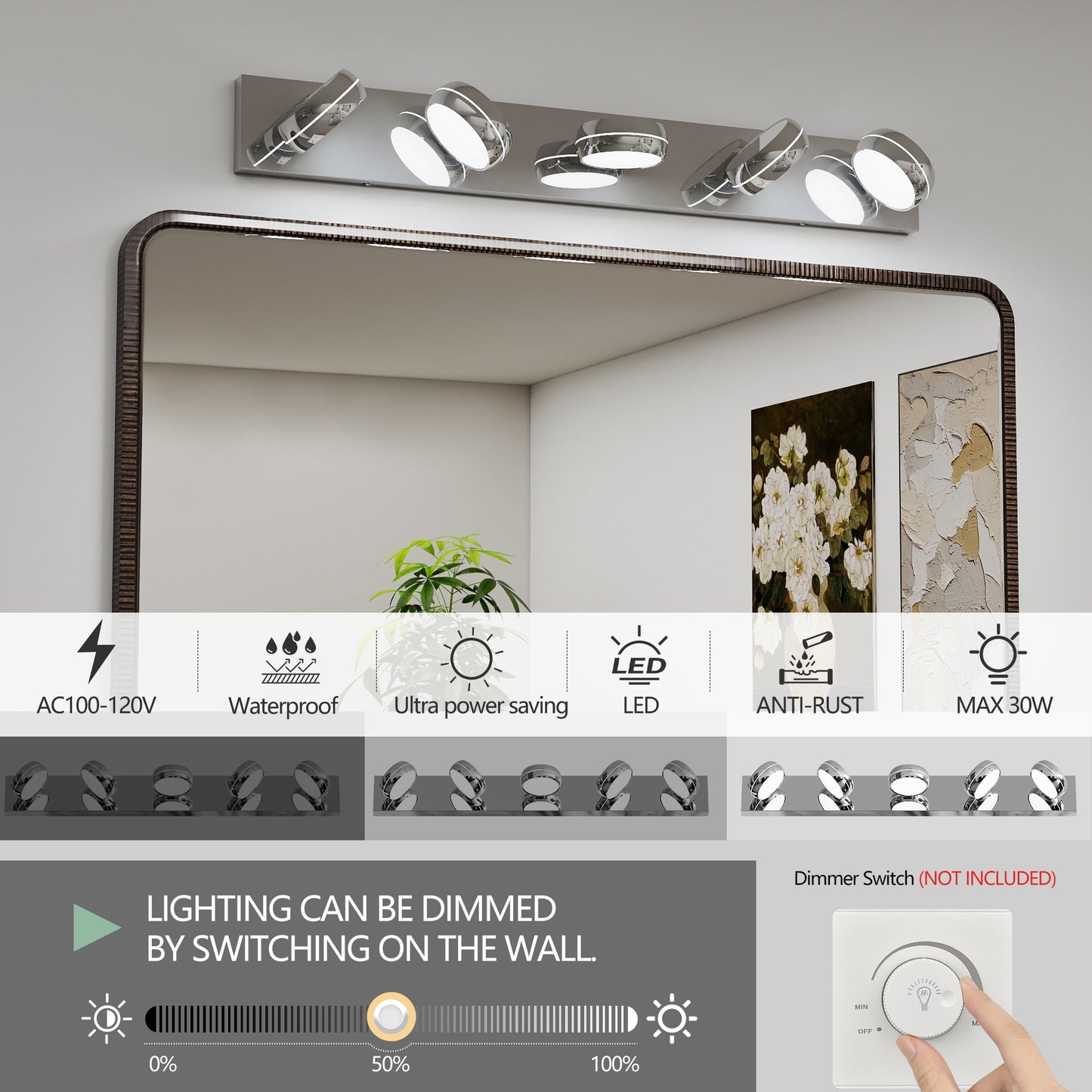 LED Bathroom Vanity Lights - 35in Modern Chrome Fixture