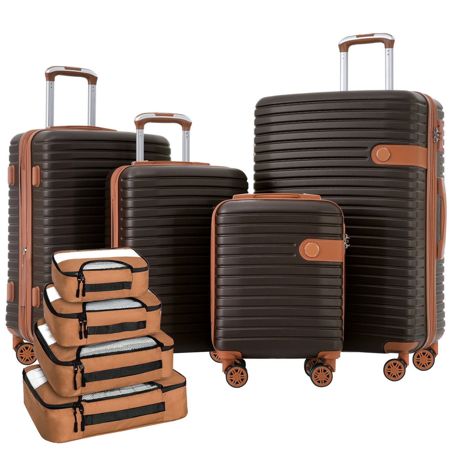 4 Piece ABS Hard Shell Luggage Set with Packing Cubes - Coffee