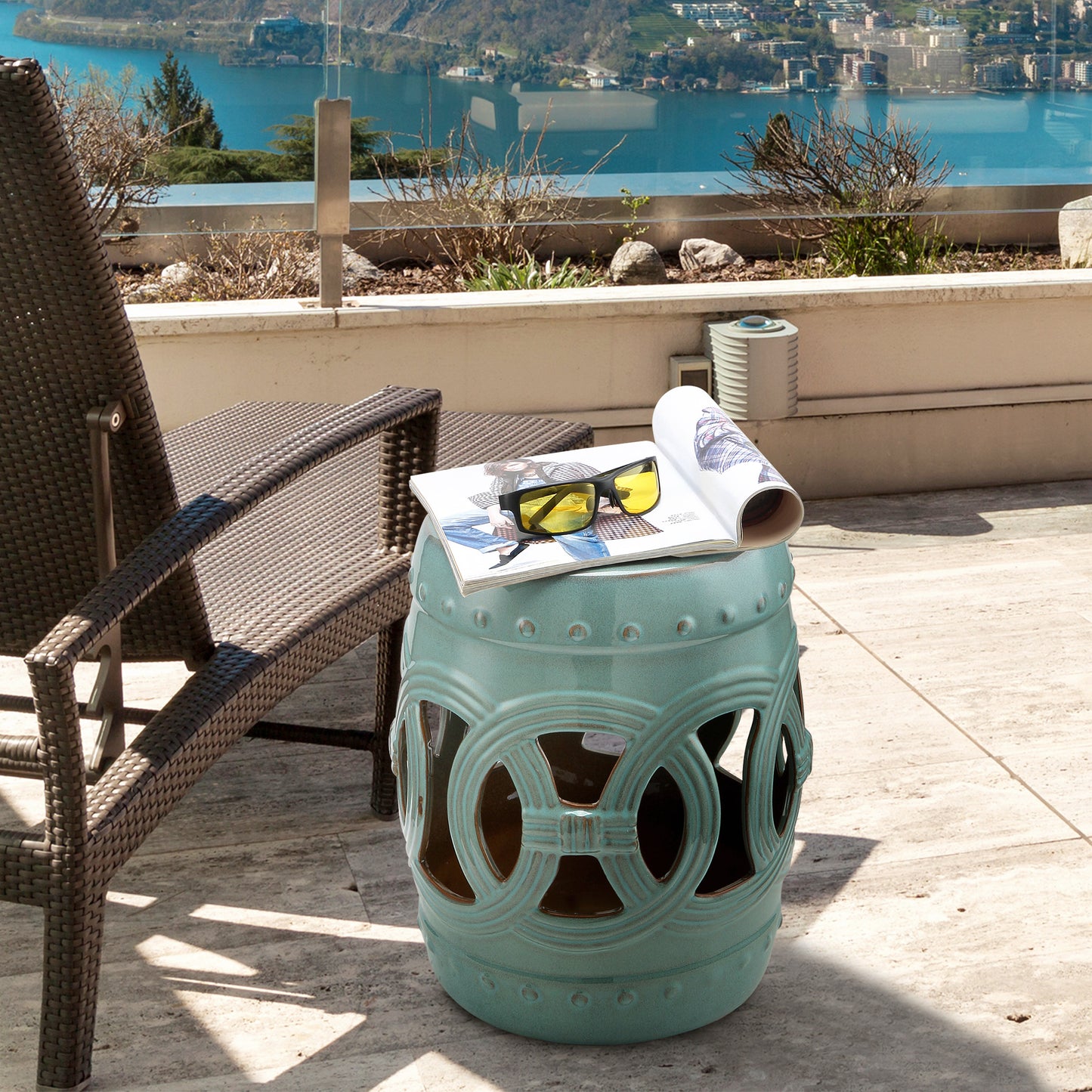 Ceramic Garden Stool - Double-Coin Knotted Design, Antique Blue