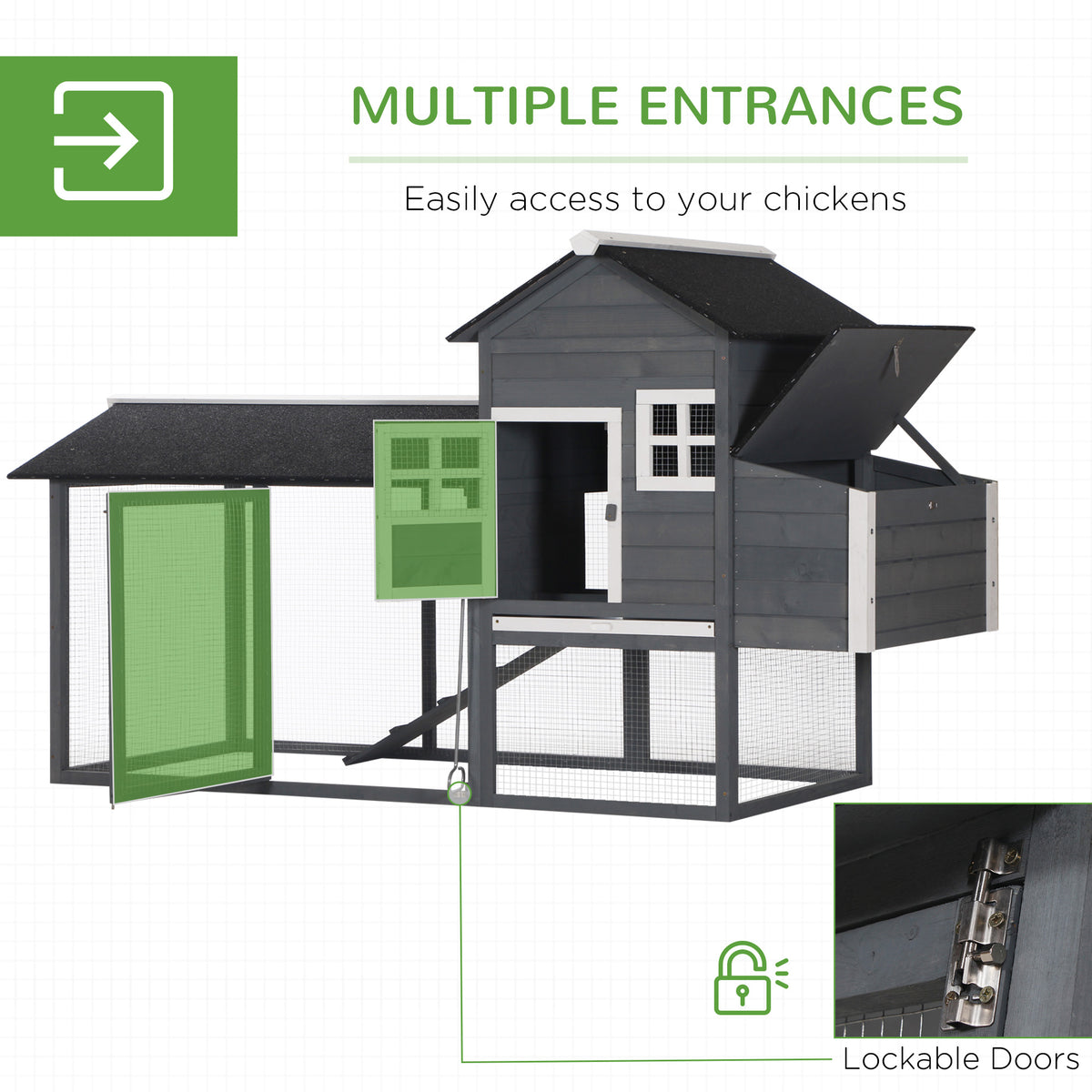 84-Inch Wooden Chicken Coop with Run and Nesting Box - Gray Outdoor Poultry House