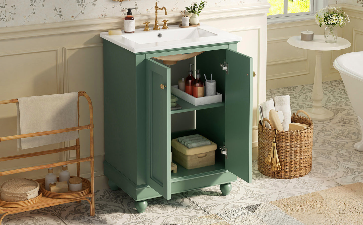 24 Inch Green Modern Bathroom Vanity Cabinet with Soft-Closing Storage
