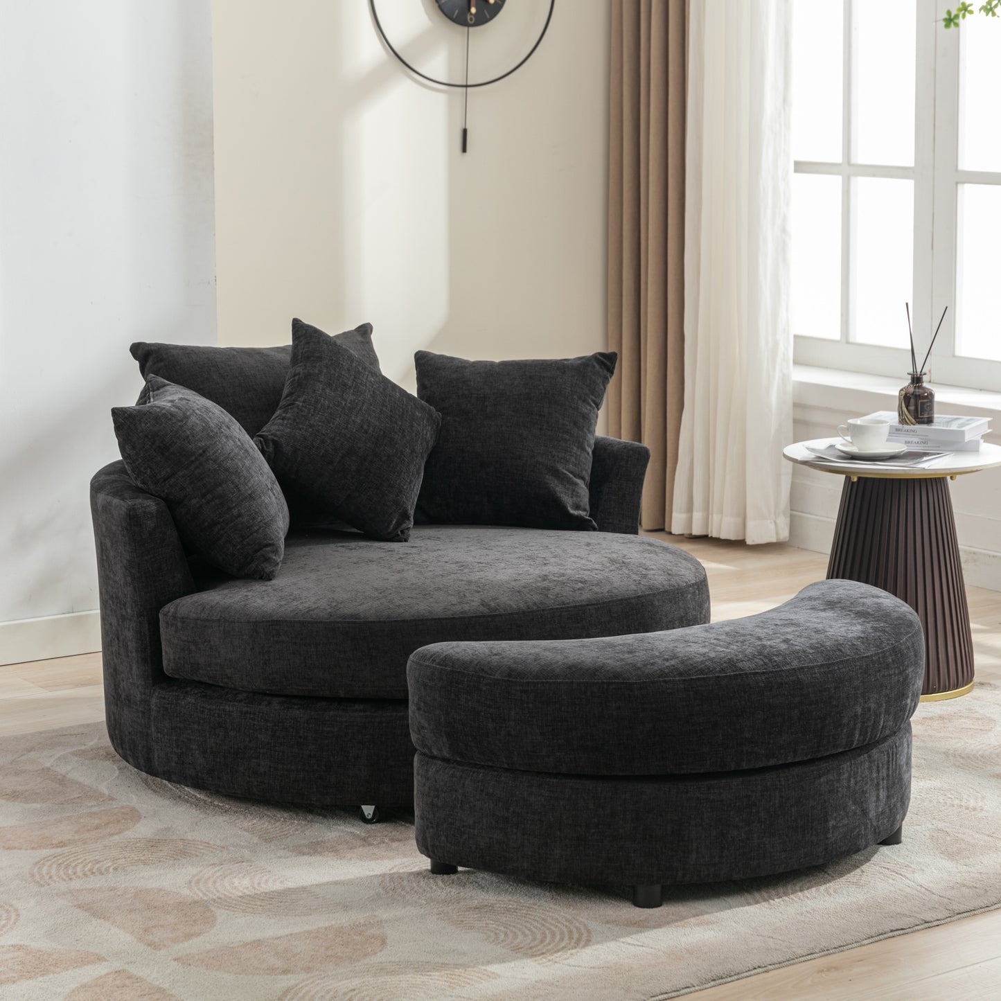 360° Swivel Accent Barrel Chair with Storage Ottoman & 4 Pillows - Gray