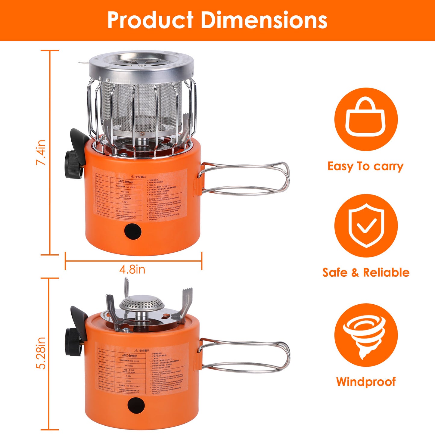2000W 2-in-1 Portable Camping Stove & Heater - Orange