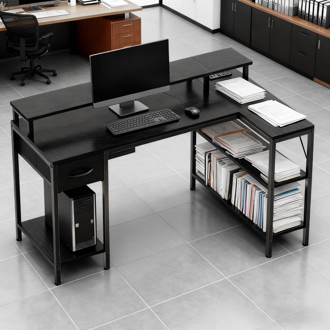 L-Shaped Gaming Table with USB Charging & LED Light