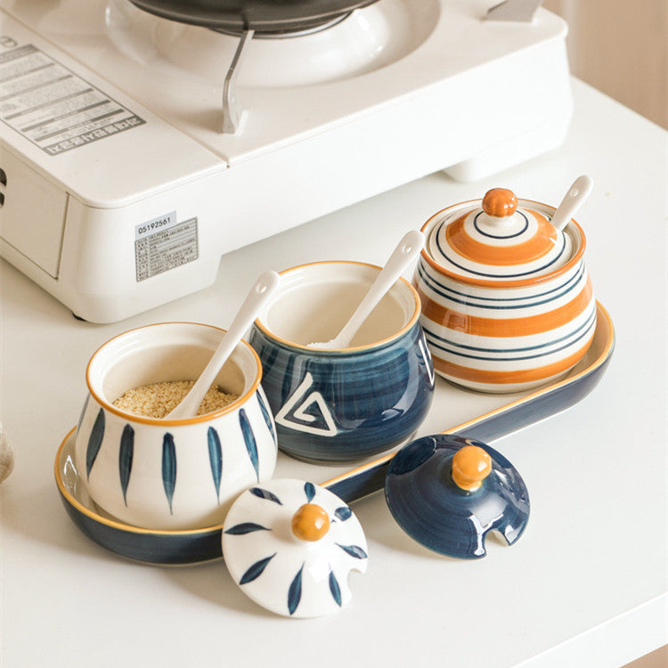 Ceramic Condiment Pot Set with Spoon - Kitchen Tableware, Household
