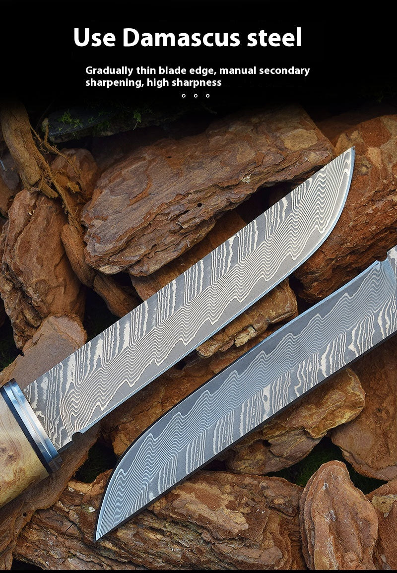 Handmade Damascus Steel Tactical Camping Knife with Red Shadow Wood Handle